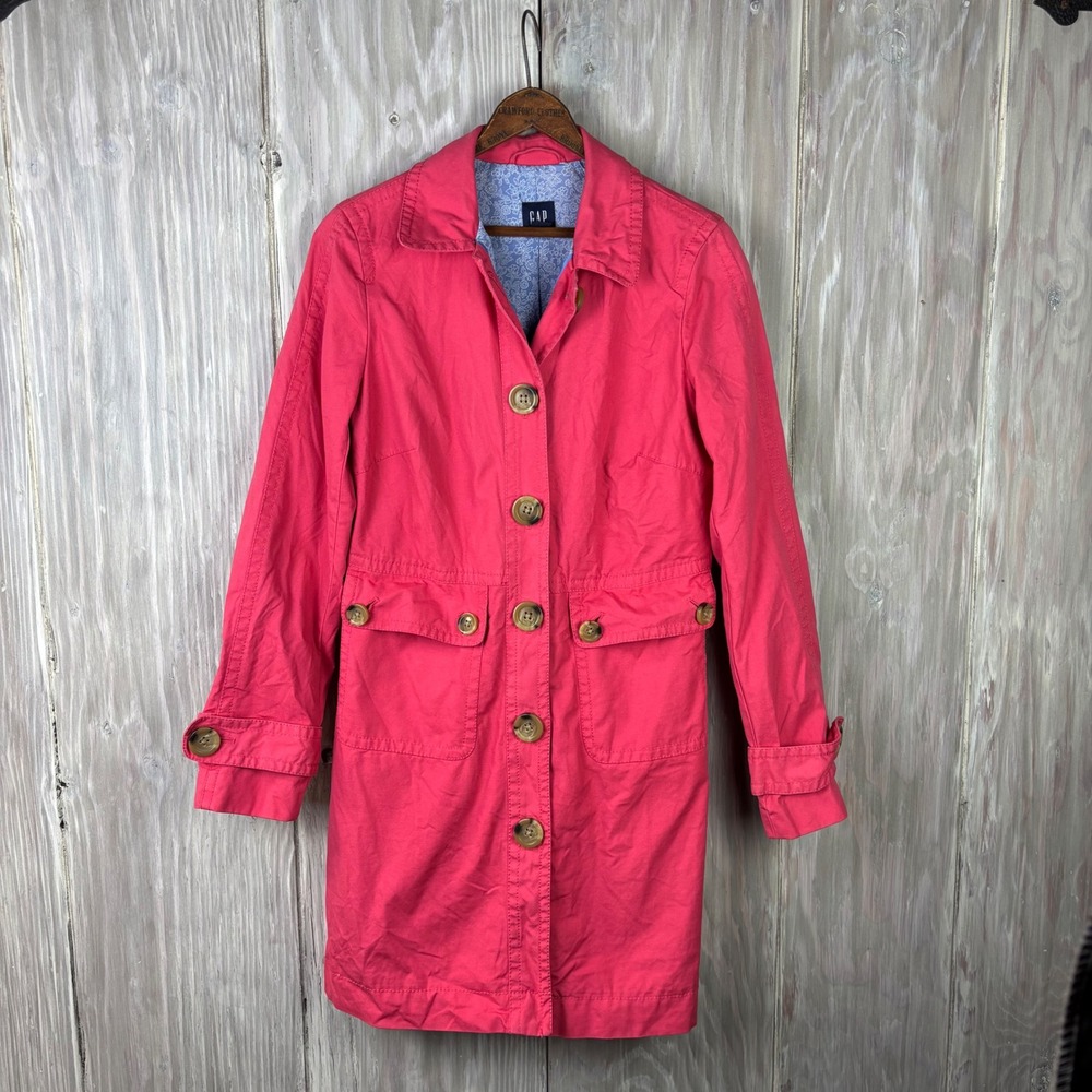 GAP Women's Pink Cotton Trench Coat Button Front Collared Size S canvas vintage